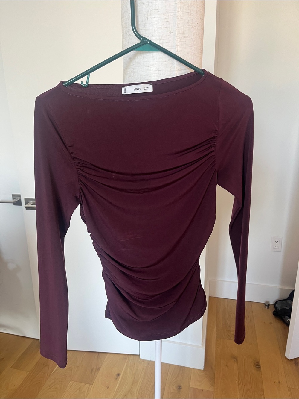 Mango Long-Sleeve Ruched Front Top in Burgundy